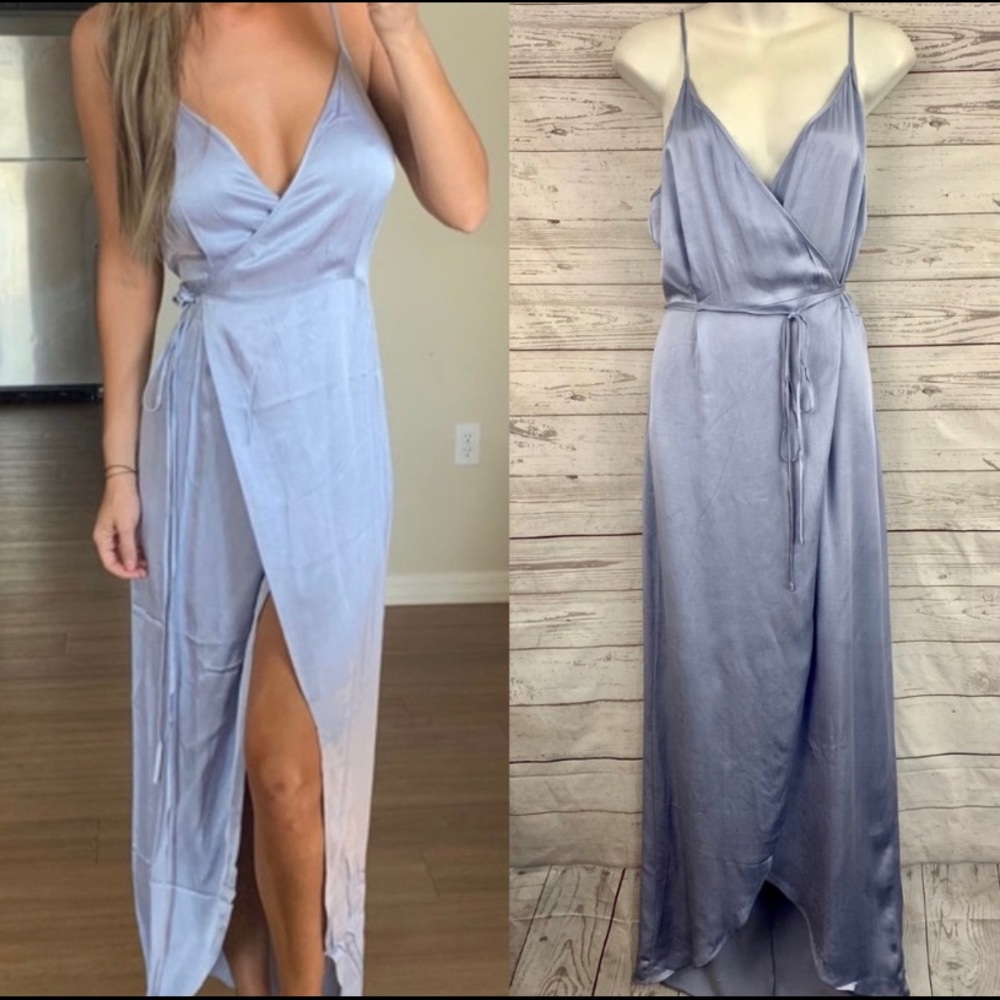 Satin wrap maxi dress pastel blue tie